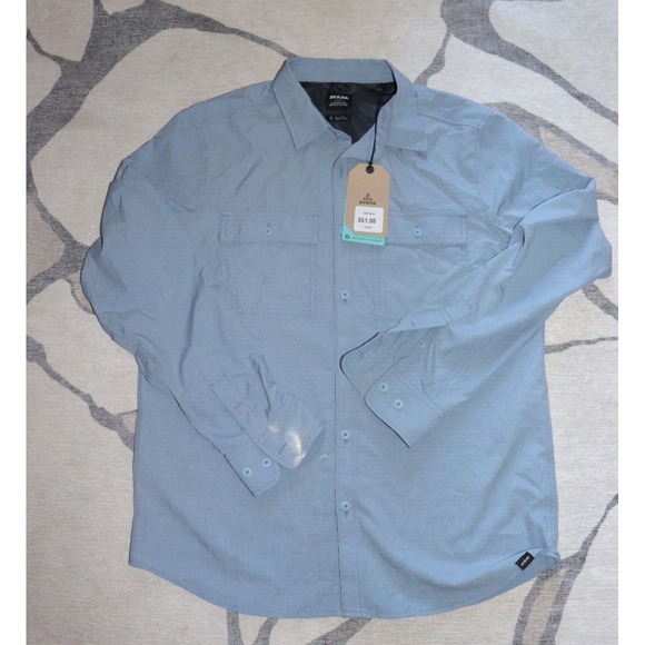 Prana Men Size Small Blue Lost Sol Long Sleeve Polyester Button Down Shirt New - Picture 1 of 6